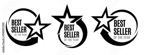 Bestseller of the year. Black sign on a white background. Label with a star. Symbol or emblem. vector illustration