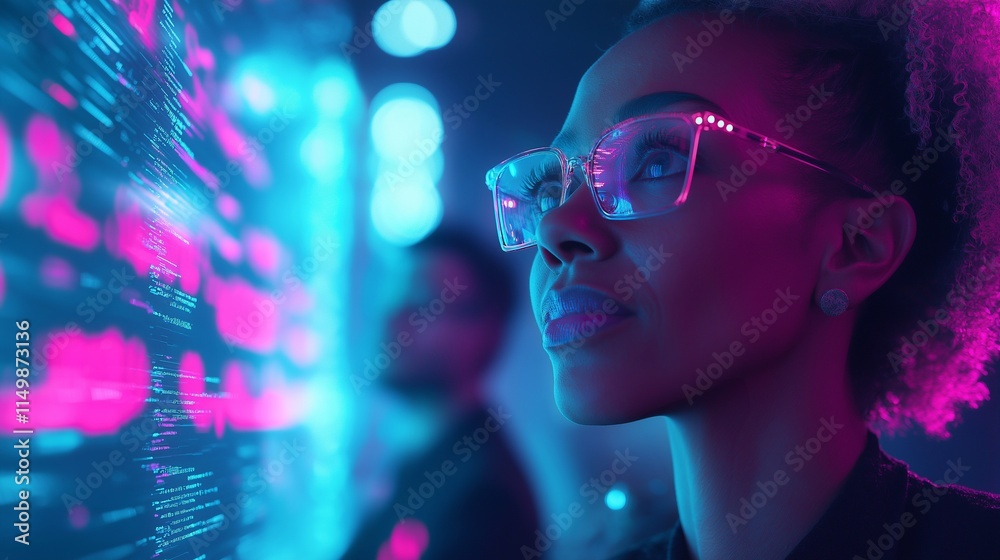 Female developer, woman collaborating on futuristic technology projects, digital screens displaying holograms and coding. The innovation, technological advancements, tech business. neon light Female developer, woman collaborating on futuristic technology projects, digital screens displaying holograms and coding. The innovation, technological advancements, tech business. neon light