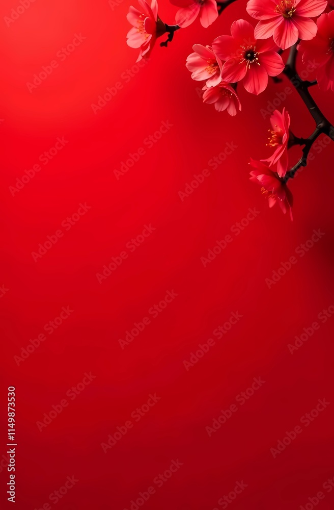 Chinese New Year. Copy space, background with sakura flowers on red background, holiday card Chinese New Year. Copy space, background with sakura flowers on red background, holiday card