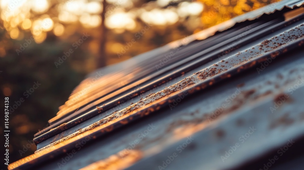 Close-up of a weathered metal roof with a blurred sunset background. Close-up of a weathered metal roof with a blurred sunset background.