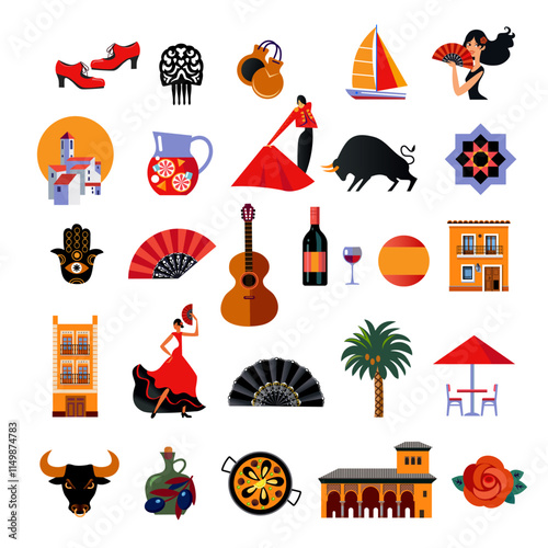 big set of spanish flat vector icons