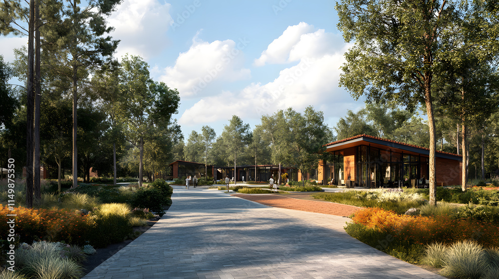 Community gathering space modern architecture nature park serene environment panoramic view sustainable design