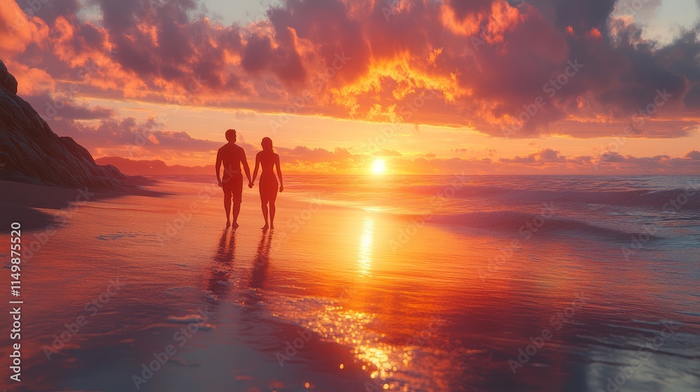 Couple holding hands walking on beach at sunset. Couple holding hands walking on beach at sunset.