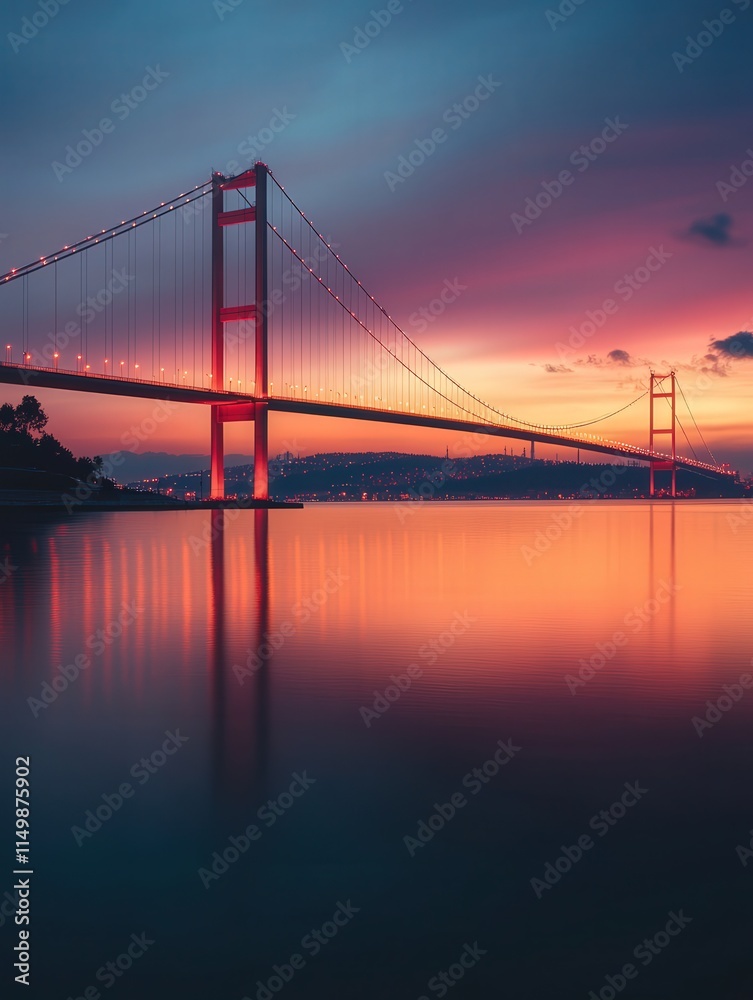Bosphorus Strait at dusk, with the Istanbul Bridge glowing under the warm colors of the setting sun. Bosphorus Strait at dusk, with the Istanbul Bridge glowing under the warm colors of the setting sun.