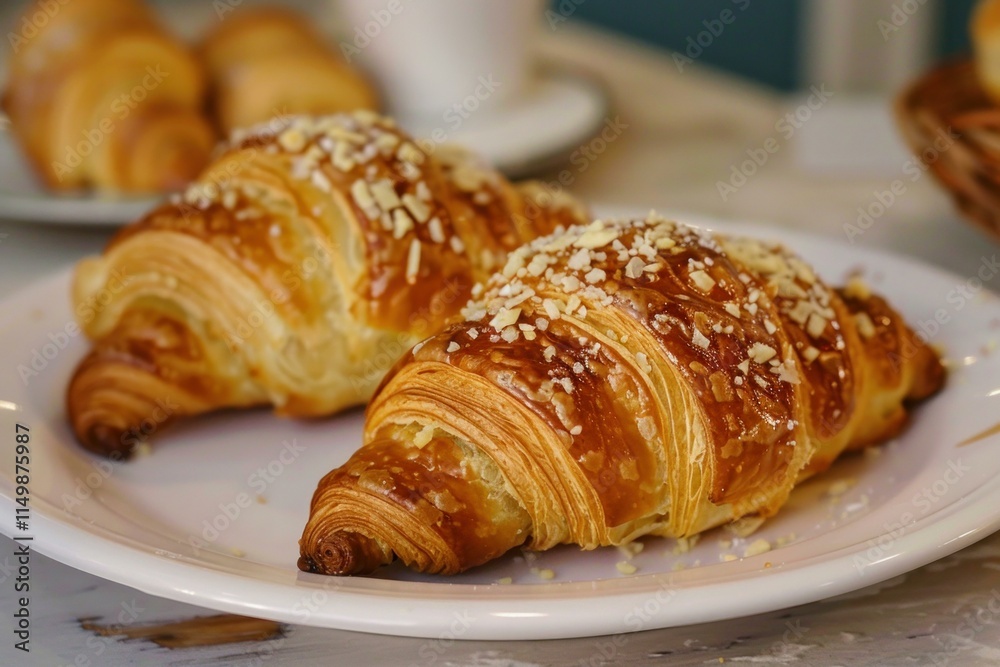 Two golden brown croissants topped with sliced almonds sit on a white plate, ready to be enjoyed for breakfast Two golden brown croissants topped with sliced almonds sit on a white plate, ready to be enjoyed for breakfast