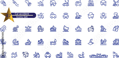 Vector line set of icons related to car accident.