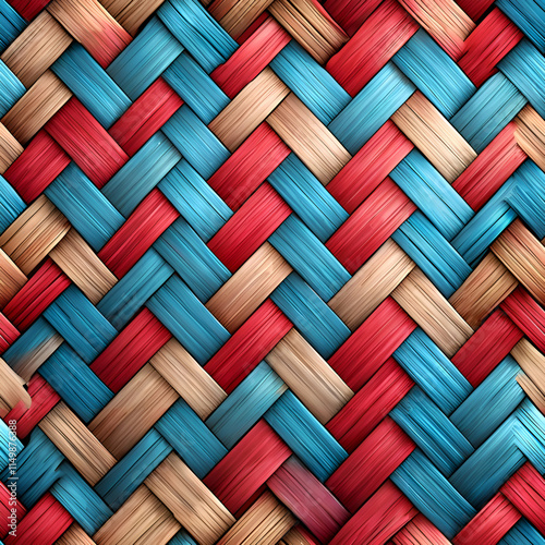 Intricate woven pattern in vibrant red. blue. and beige.