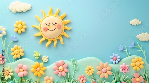 A happy sun smiles down on a colorful, playful field of flowers.