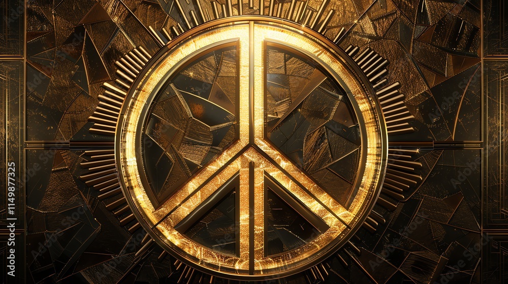 Fototapeta premium A golden peace symbol shines brightly on a dark, textured background.