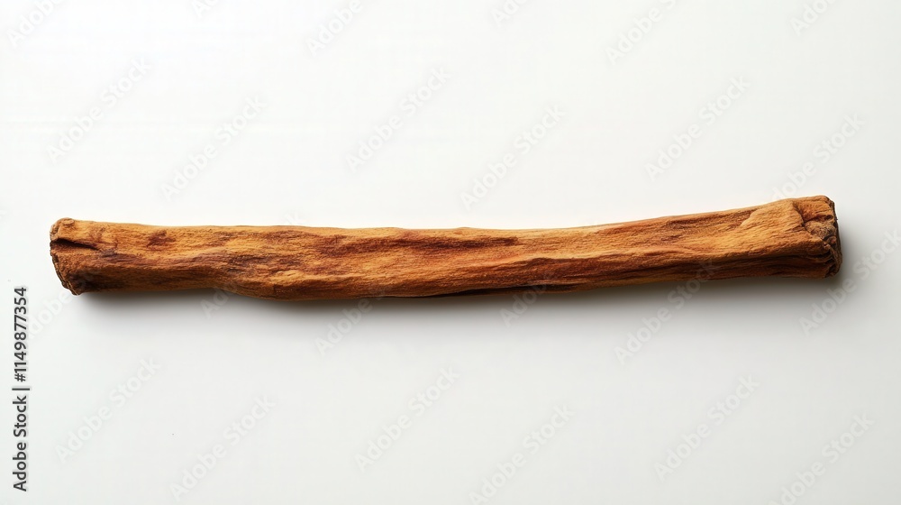 single cinnamon stick placed on a white background, with the texture of the cinnamon bark clearly visible.
