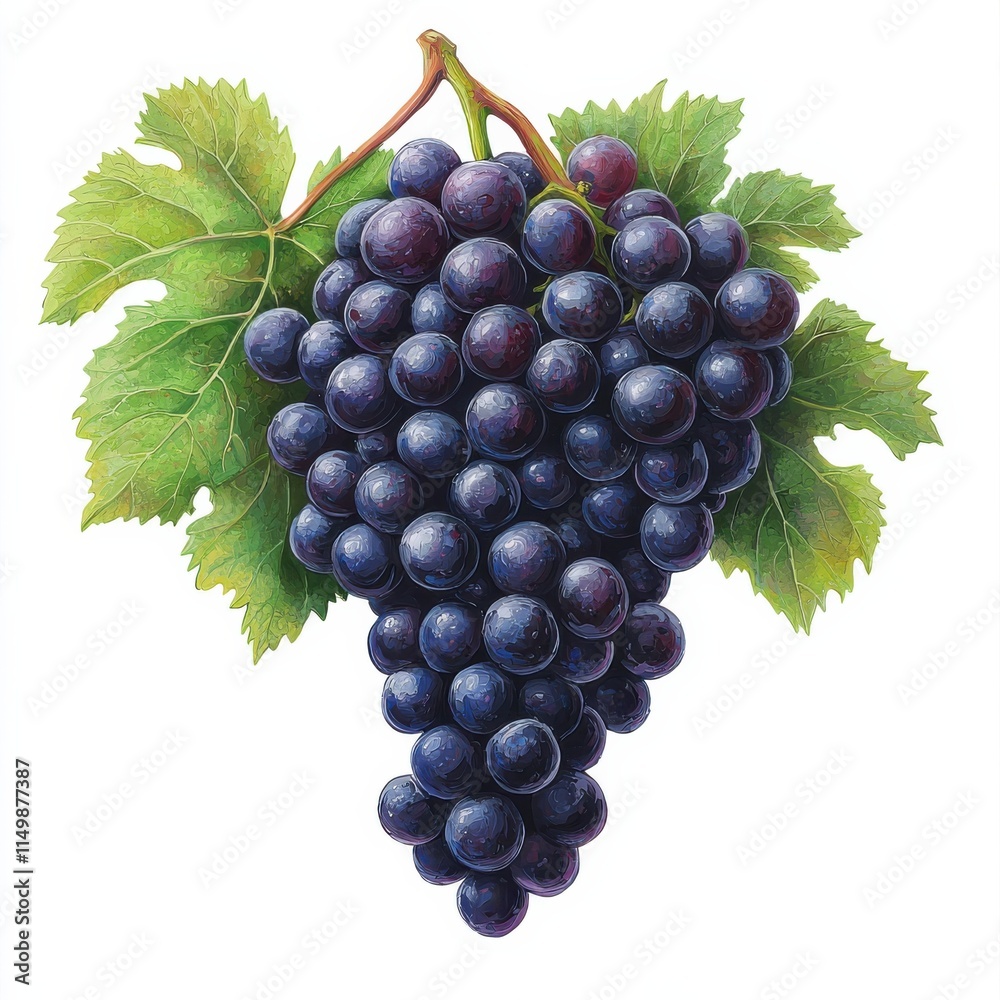 Fototapeta premium A cluster of rich purple grapes with green leaves, showcasing their natural beauty and freshness.