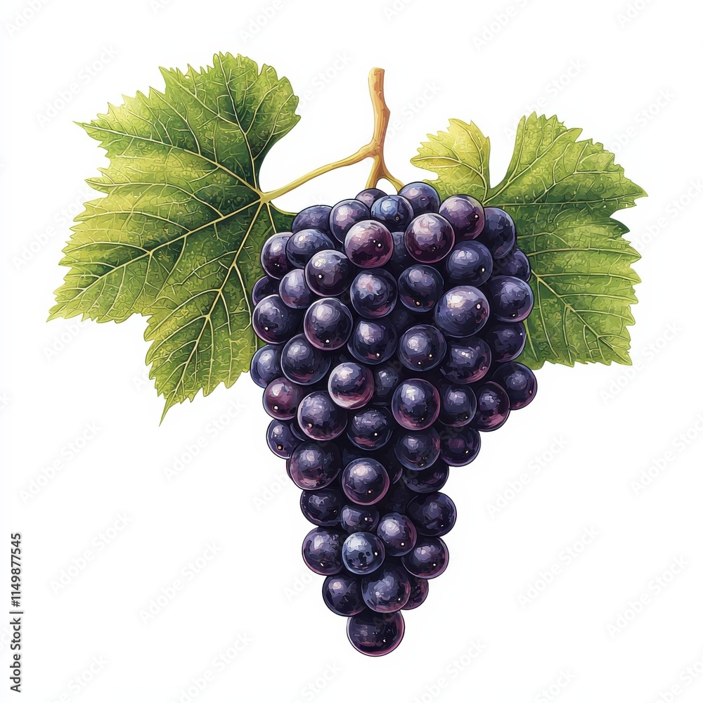 Fototapeta premium A cluster of ripe, dark purple grapes with vibrant green leaves, showcasing the beauty and freshness of nature.