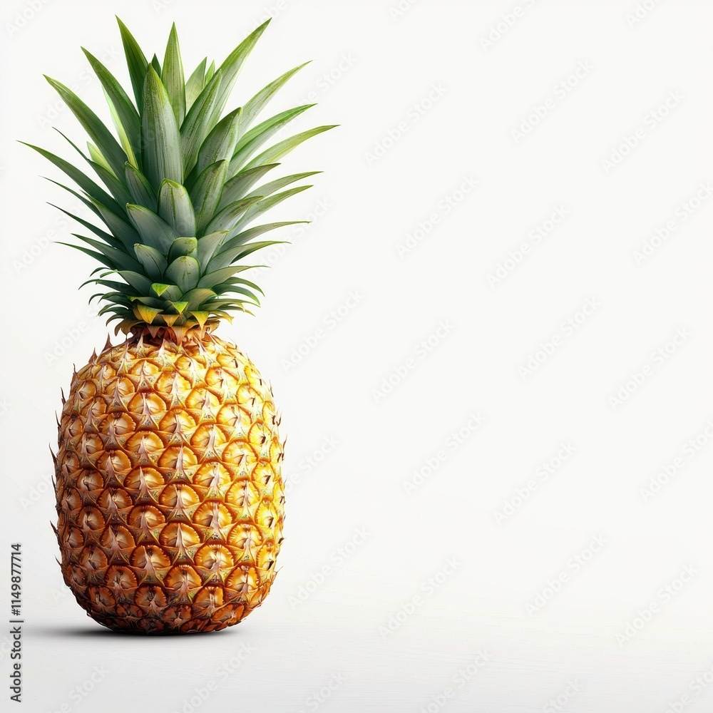 Fototapeta premium A fresh pineapple with vibrant green leaves sits against a plain background, showcasing its textured skin and tropical appeal.