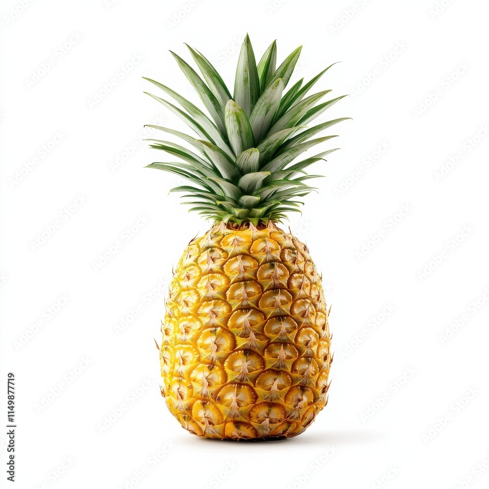 A vibrant pineapple with a textured yellow exterior and a lush green crown, symbolizing tropical freshness and sweetness. A vibrant pineapple with a textured yellow exterior and a lush green crown, symbolizing tropical freshness and sweetness.