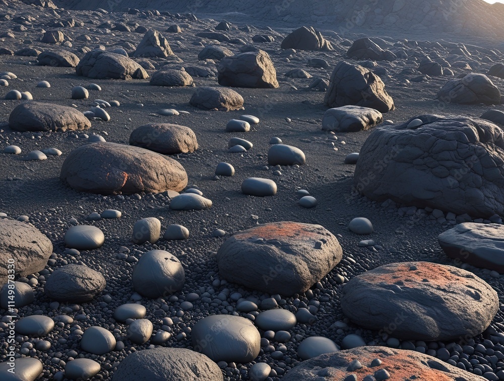 Obraz premium A vast, rugged volcanic rock field stretches towards the horizon, featuring a scattering of stones of varying sizes, from boulders to pebbles,generative ai