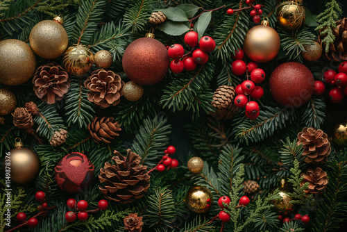 Festive greenery adorned with ornaments and natural touches in a holiday arrangement. Generative AI