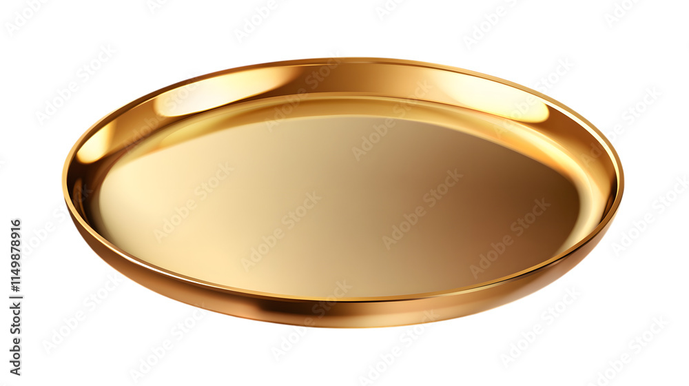 Round golden metallic plate with a reflective surface and smooth edges, ideal for luxurious dining or decor. Isolated on transparent background Round golden metallic plate with a reflective surface and smooth edges, ideal for luxurious dining or decor. Isolated on transparent background