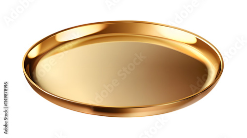 Round golden metallic plate with a reflective surface and smooth edges, ideal for luxurious dining or decor. Isolated on transparent background