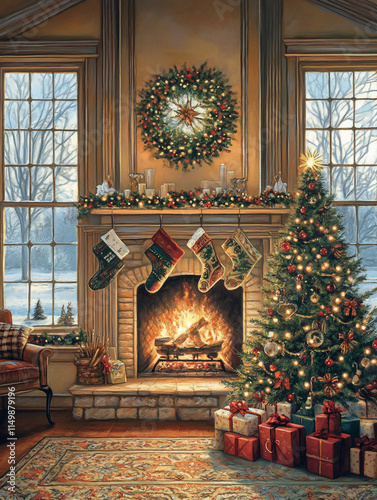 Cozy Christmas fireplace scene with stockings, tree, and presents.