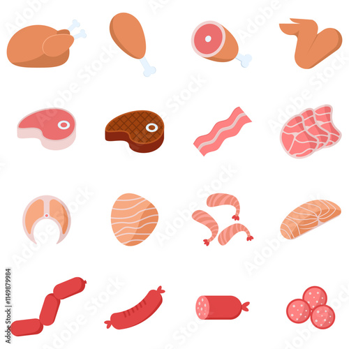 Set of meat, chicken, fish and sausages icon pack, healthy food illustrations flat design