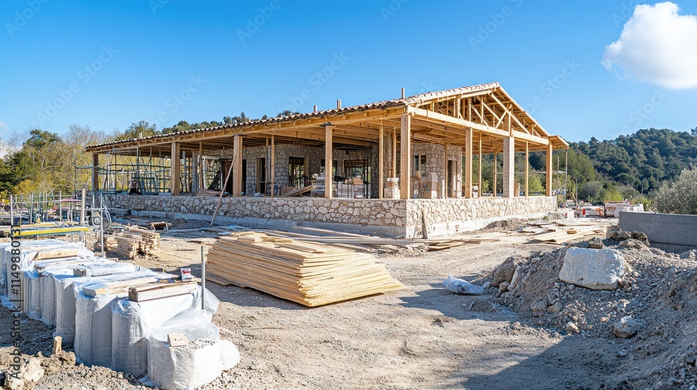 Unfinished stone and wood house under construction. Unfinished stone and wood house under construction.