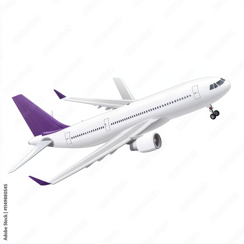 White passenger airplane in flight, purple accents. White passenger airplane in flight, purple accents.