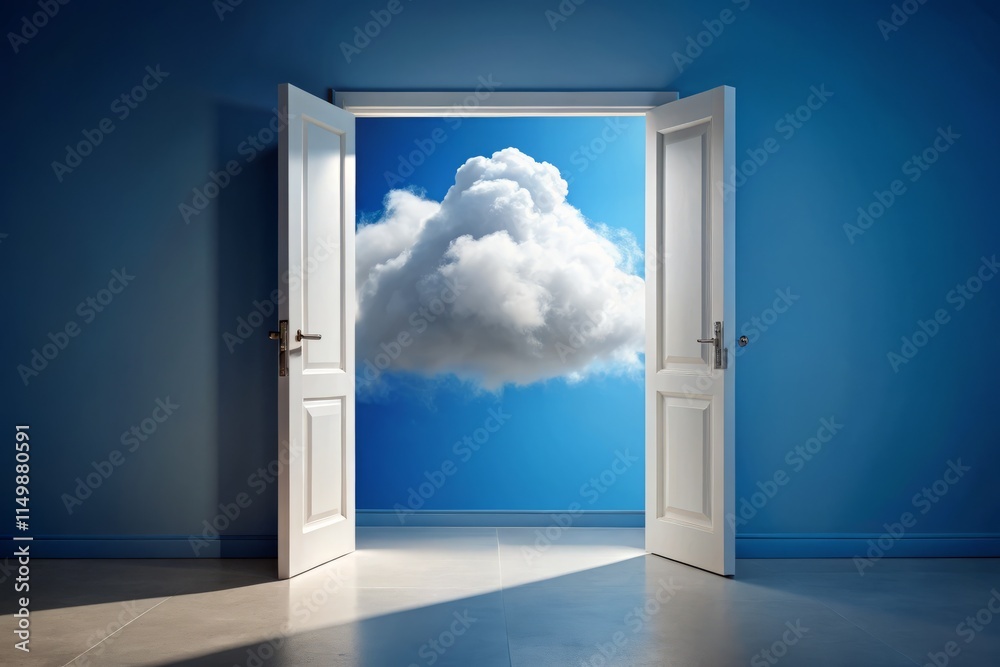 Fluffy Cloud Doorway Escape: Wide-Angle Photo of a White Cloud Emerging from an Open Door Against a Blue Sky Fluffy Cloud Doorway Escape: Wide-Angle Photo of a White Cloud Emerging from an Open Door Against a Blue Sky