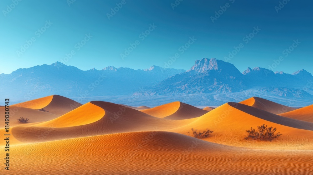 Majestic desert landscape with golden sand dunes and distant mountains under a vibrant blue sky. Majestic desert landscape with golden sand dunes and distant mountains under a vibrant blue sky.