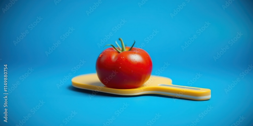 A single ripe tomato rests on a vibrant yellow paddle against a bright blue backdrop A single ripe tomato rests on a vibrant yellow paddle against a bright blue backdrop