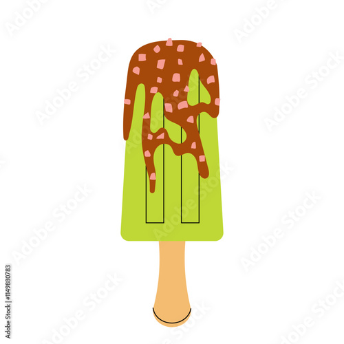 Matcha popsicle on stick. Green tea ice cream drizzled with caramel. Frosted ice. Summer dessert.