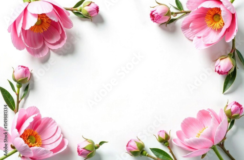 Floral frame of pink peonies with green leaves isolated on white background. Template for Valentine's Day, weddings, romantic designs or greeting cards