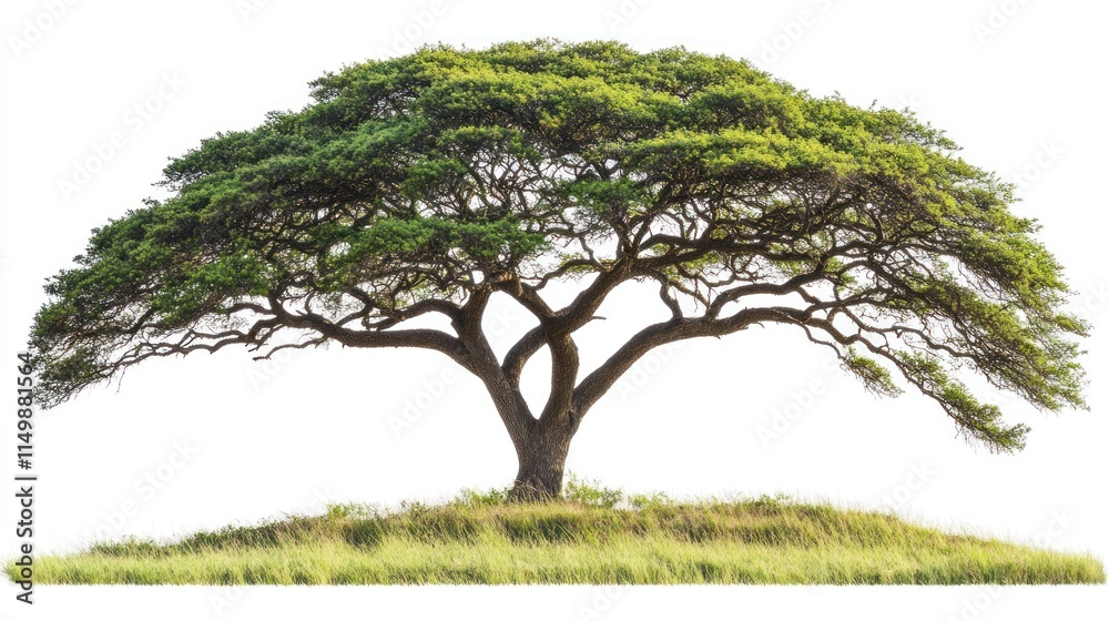 Obraz premium Lush, sprawling tree on grassy knoll, isolated on white.