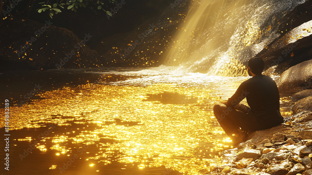 Fototapeta premium A shimmering river flowing with liquid gold, while a figure kneels beside it, symbolizing the abundance of resources and potential. 