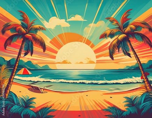 beach with palm trees and sunset vintage 60s pop art design wallpaper