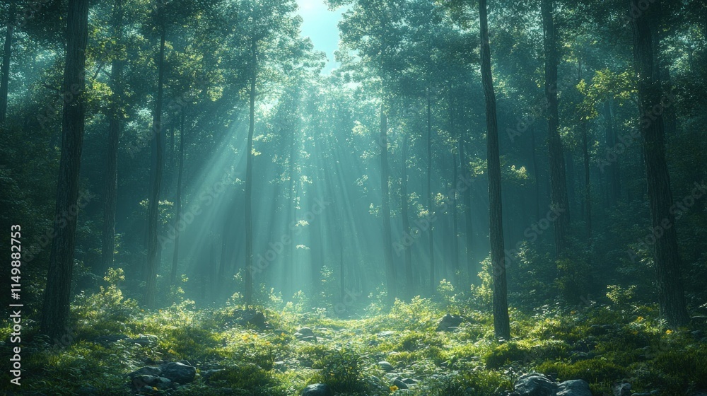 Obraz premium Sunlit forest path, misty green trees, magical scene.