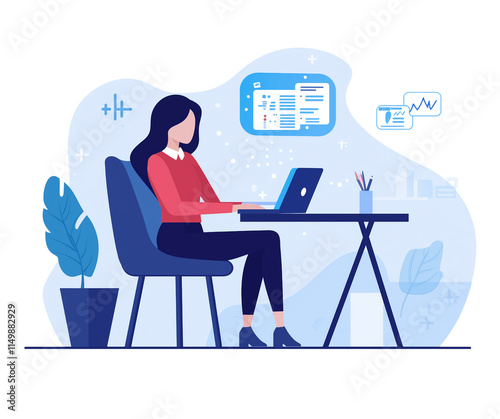 A businesswoman working on laptop on a transparent background, artwork
