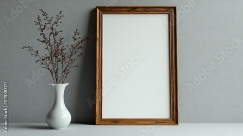 Empty wooden frame mockup with dried flowers.