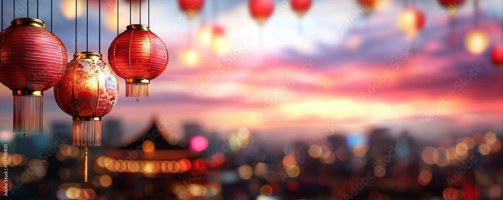 Chinese New Year Lanterns Light Up the Ceremony concept. Vibrant lanterns against a sunset sky in a festive atmosphere. Chinese New Year Lanterns Light Up the Ceremony concept. Vibrant lanterns against a sunset sky in a festive atmosphere.