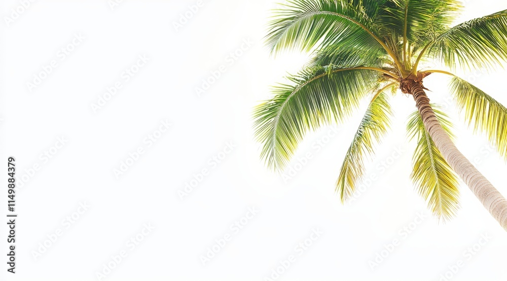 Fototapeta premium Single palm tree against bright white sky.