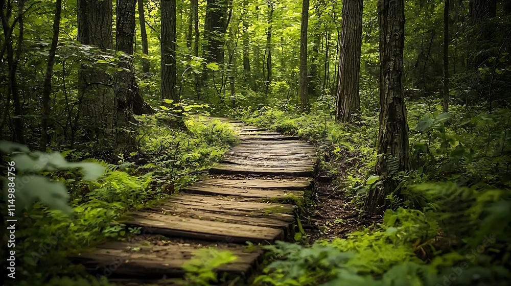 Tranquil Wooden Pathway Meandering Through Lush Green Forest Surrounded by Towering Trees and Vibrant Flora Inviting Peaceful Nature Exploration Tranquil Wooden Pathway Meandering Through Lush Green Forest Surrounded by Towering Trees and Vibrant Flora Inviting Peaceful Nature Exploration