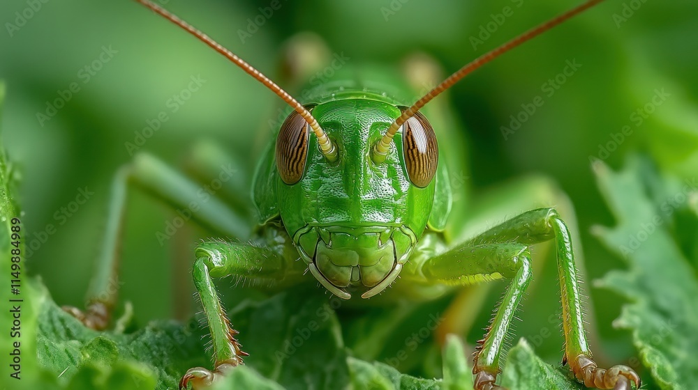Close-up of a vibrant green grasshopper on a leaf. Close-up of a vibrant green grasshopper on a leaf.