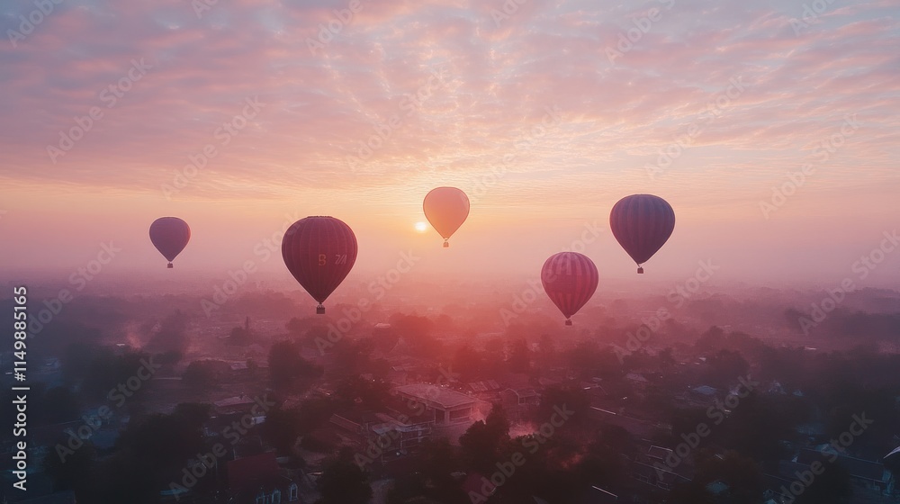 Fototapeta premium Five hot air balloons soar above a misty town at sunrise.