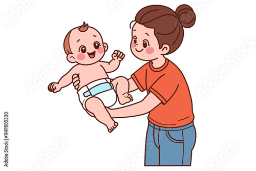 Changing a baby’s diaper. Vector illustration in cartoon style.