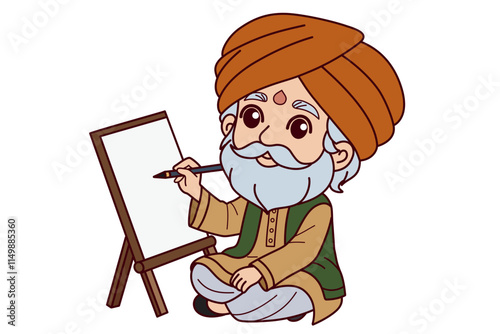 An old Indian man is painting. Vector illustration in cartoon style.