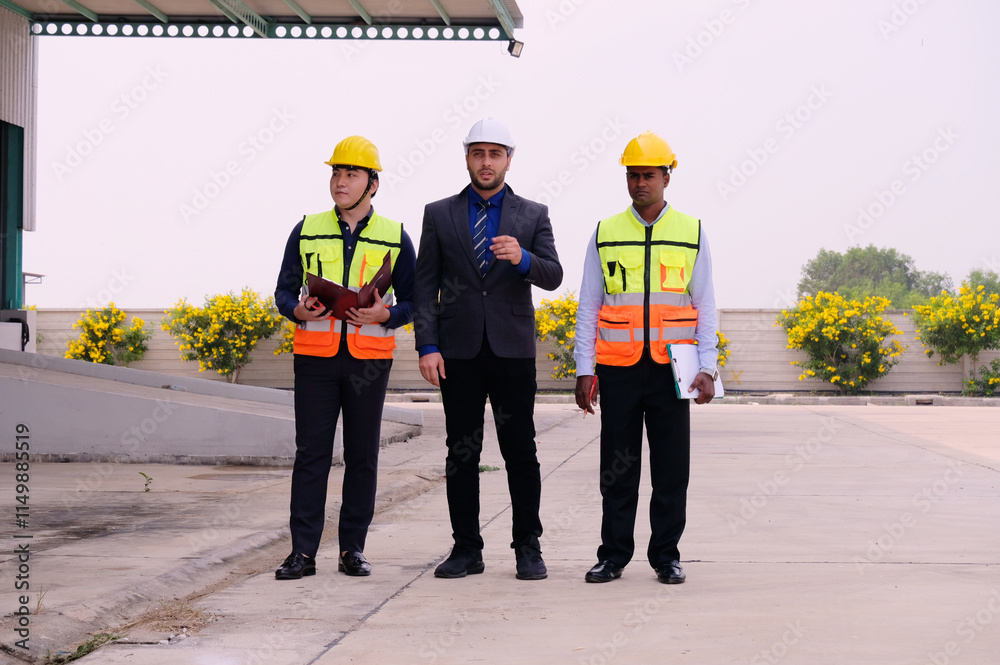 Engineers and workers working at warehouse sites. Engineers and workers working at warehouse sites.