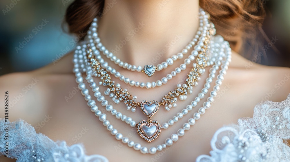 Close-up of woman's neck adorned with layered pearl necklaces and heart pendants. Close-up of woman's neck adorned with layered pearl necklaces and heart pendants.