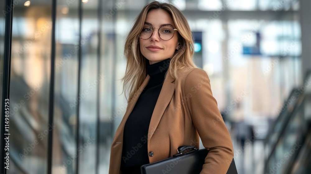 Obraz premium A businesswoman confidently walking through an airport terminal, carrying a designer briefcase, ready for an international business trip