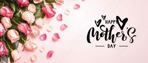 Happy Mothers Day Roses Bouquet Pink Background Floral Design