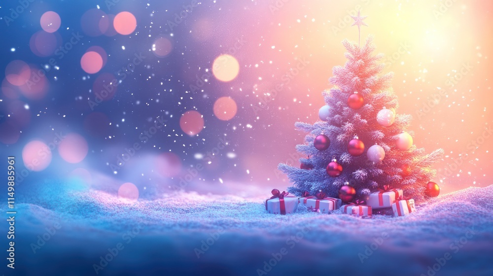 Obraz premium Magical Christmas tree in snowy scene with gifts.