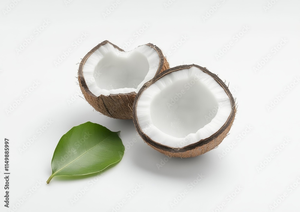 Two halves of a fresh coconut with a green leaf on a white background. Two halves of a fresh coconut with a green leaf on a white background.